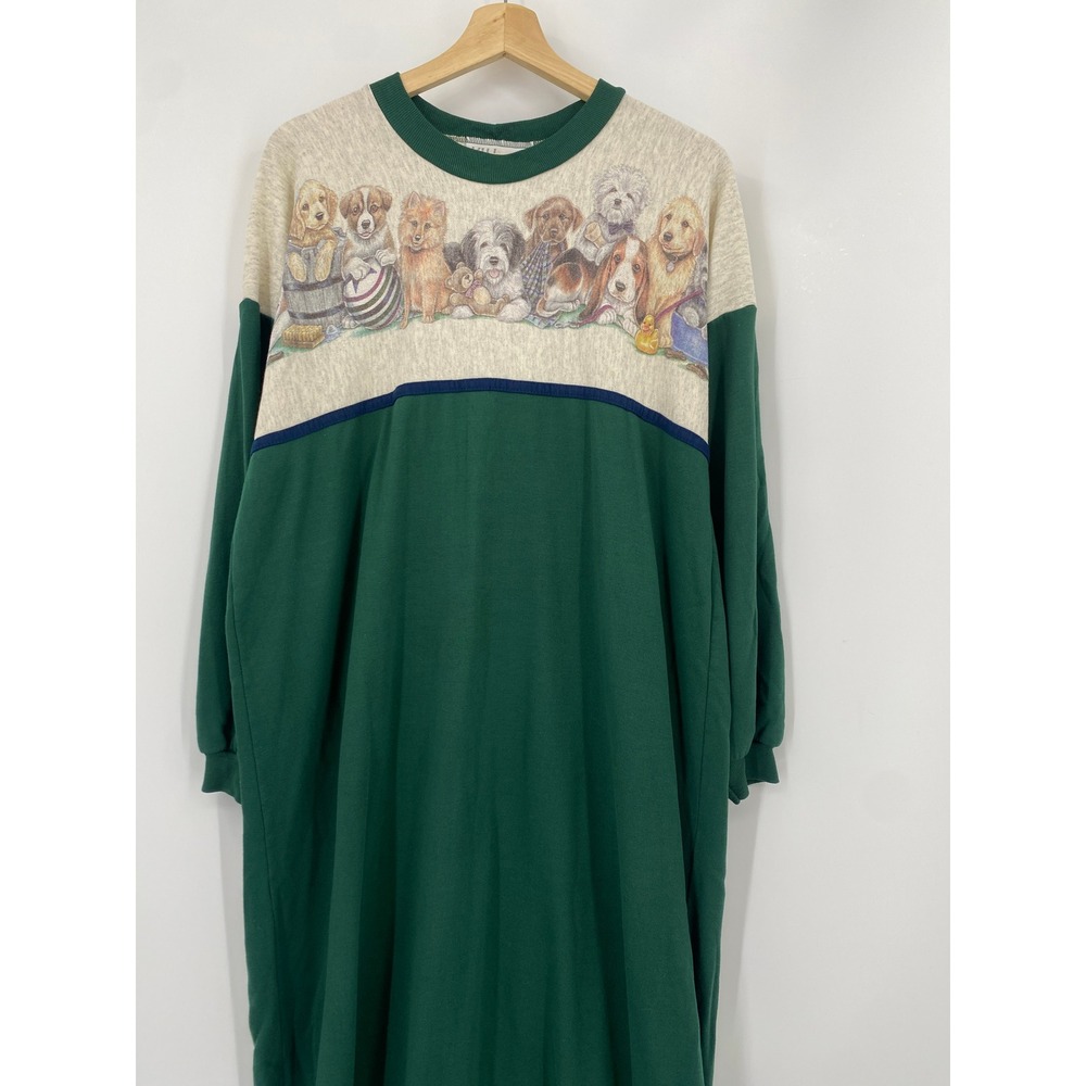 Vintage Kittens Sweatshirt Nightgown XL Green Dog Graphic Fleece Long Sleeve